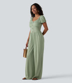 V Neck Puff Short Sleeve Non-Removable Pad Corset Jumpsuit with Pockets — Iceberg Green — view 6