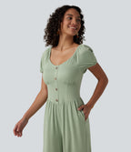 V Neck Puff Short Sleeve Non-Removable Pad Corset Jumpsuit with Pockets — Iceberg Green — view 5