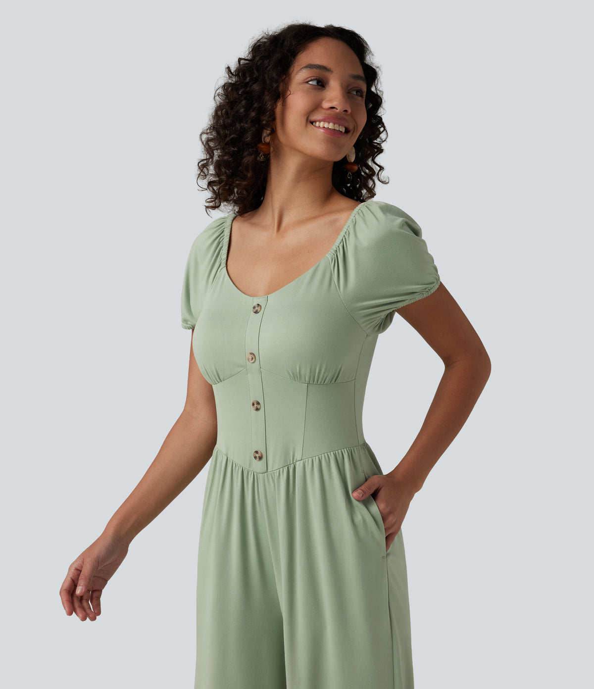 V Neck Puff Short Sleeve Non-Removable Pad Corset Jumpsuit with Pockets — Iceberg Green — view 5