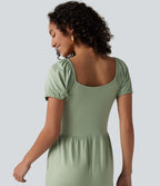 V Neck Puff Short Sleeve Non-Removable Pad Corset Jumpsuit with Pockets — Iceberg Green — view 4