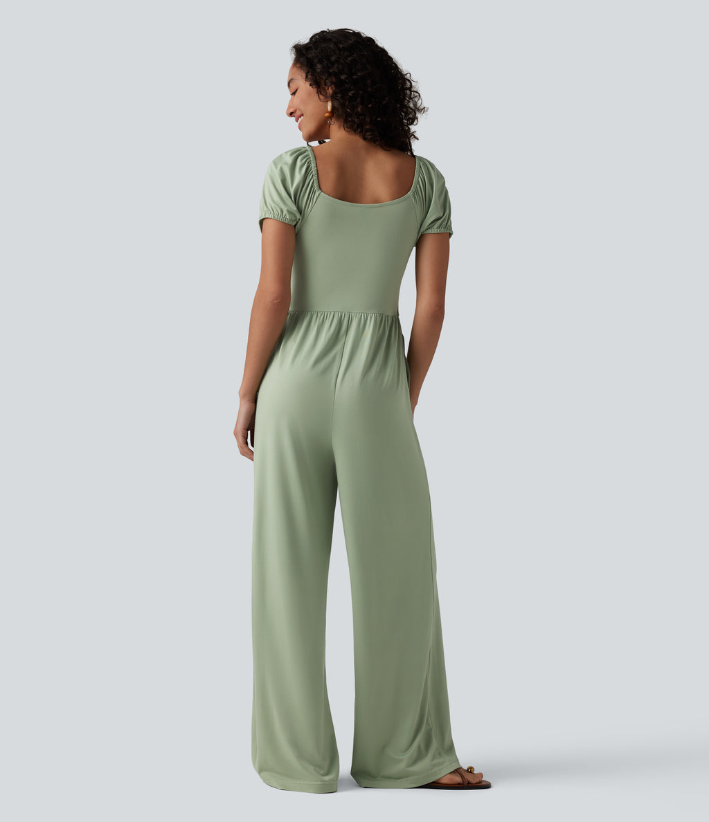 V Neck Puff Short Sleeve Non-Removable Pad Corset Jumpsuit with Pockets — Iceberg Green — view 2