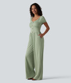 V Neck Puff Short Sleeve Non-Removable Pad Corset Jumpsuit with Pockets — Iceberg Green — view 3