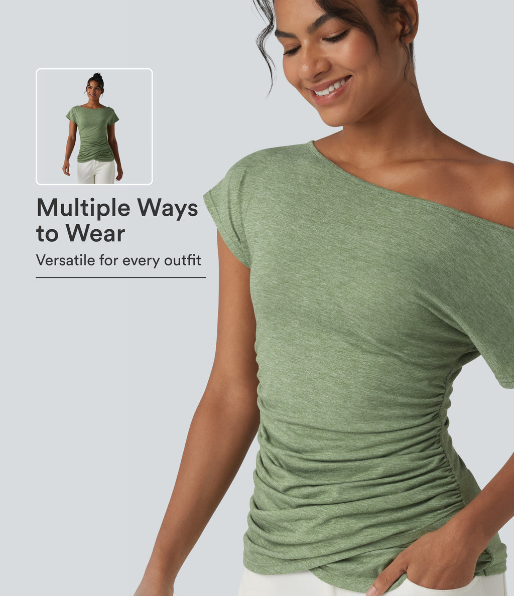 One Shoulder Short Sleeve Ruched Casual Top — Light Green Floral Yarn — view 1