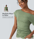 One Shoulder Short Sleeve Ruched Casual Top — Light Green Floral Yarn — view 1