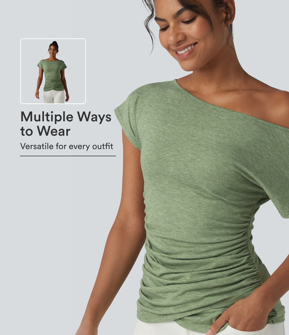One Shoulder Short Sleeve Ruched Casual Top — Light Green Floral Yarn — view 1