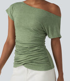 One Shoulder Short Sleeve Ruched Casual Top — Light Green Floral Yarn — view 7