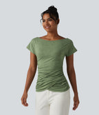 One Shoulder Short Sleeve Ruched Casual Top — Light Green Floral Yarn — view 6