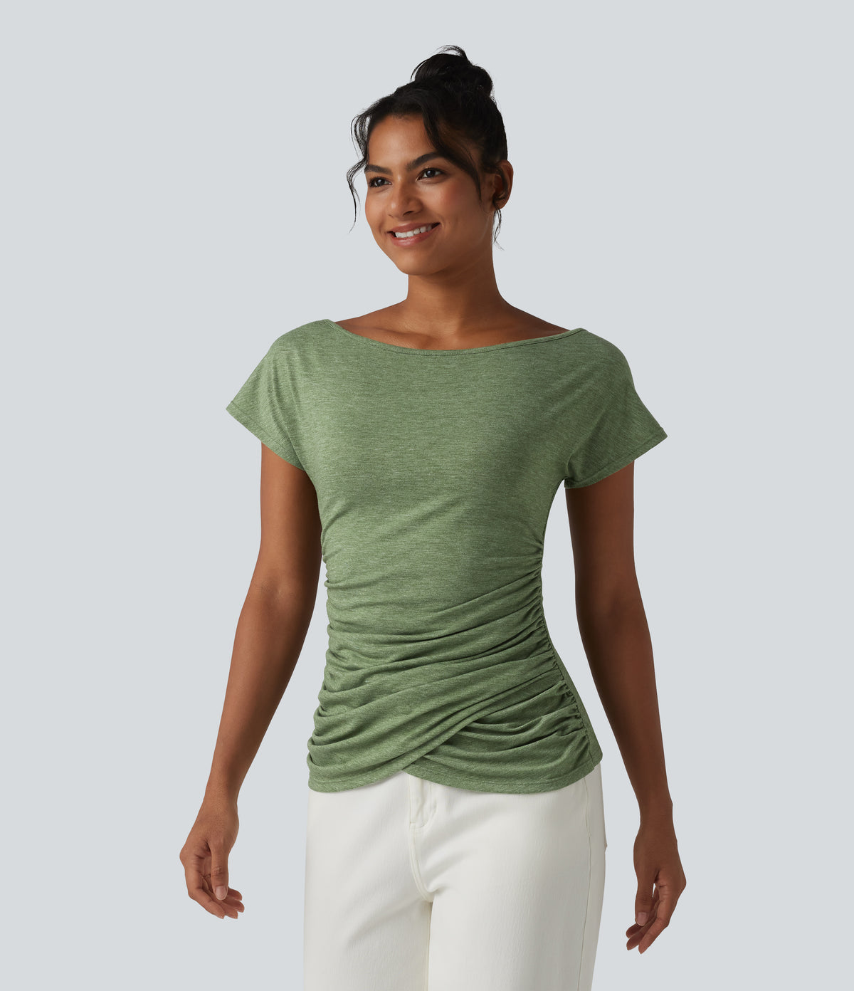 One Shoulder Short Sleeve Ruched Casual Top — Light Green Floral Yarn — view 6