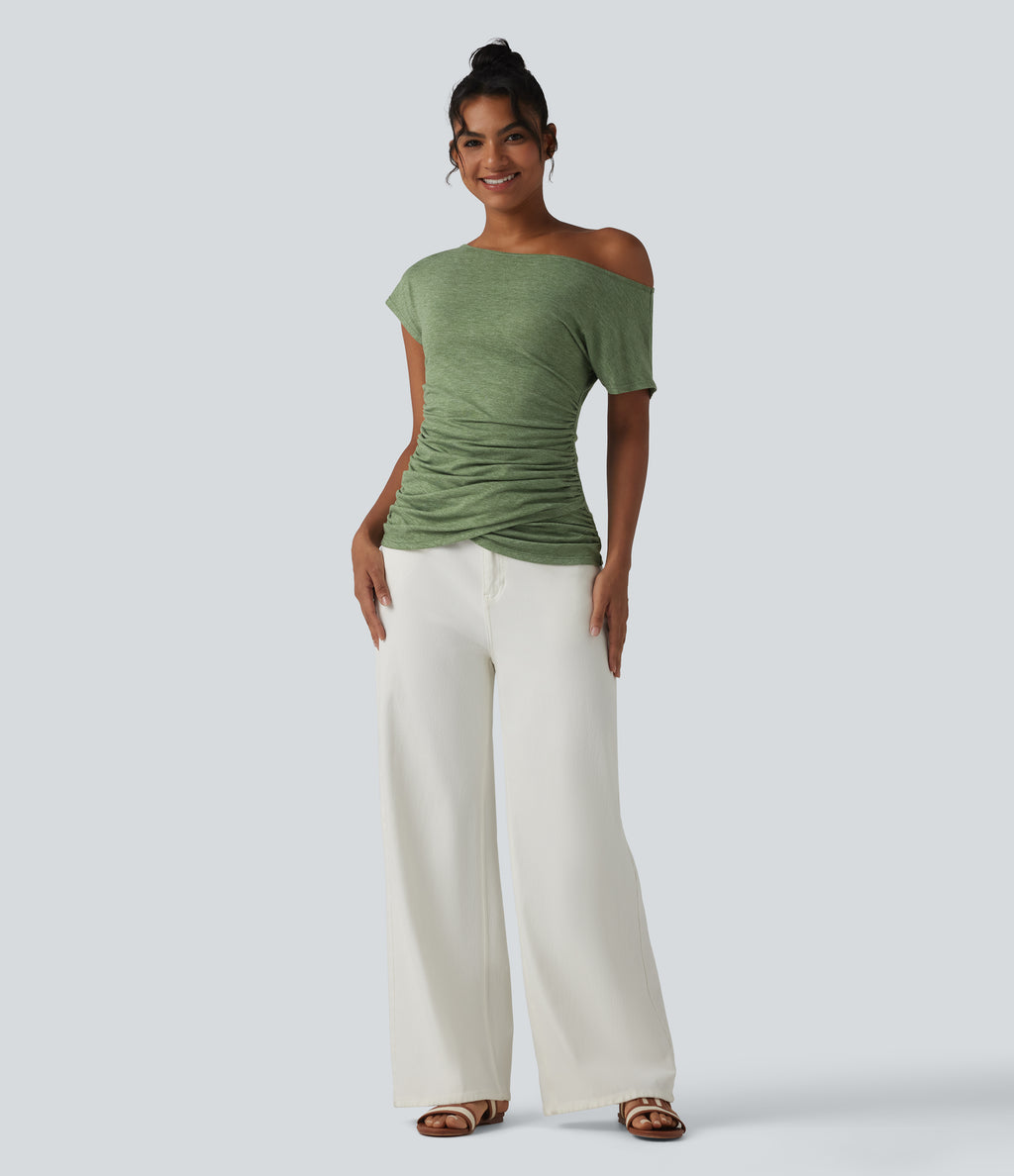 One Shoulder Short Sleeve Ruched Casual Top — Light Green Floral Yarn — view 8