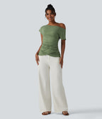 One Shoulder Short Sleeve Ruched Casual Top — Light Green Floral Yarn — view 8