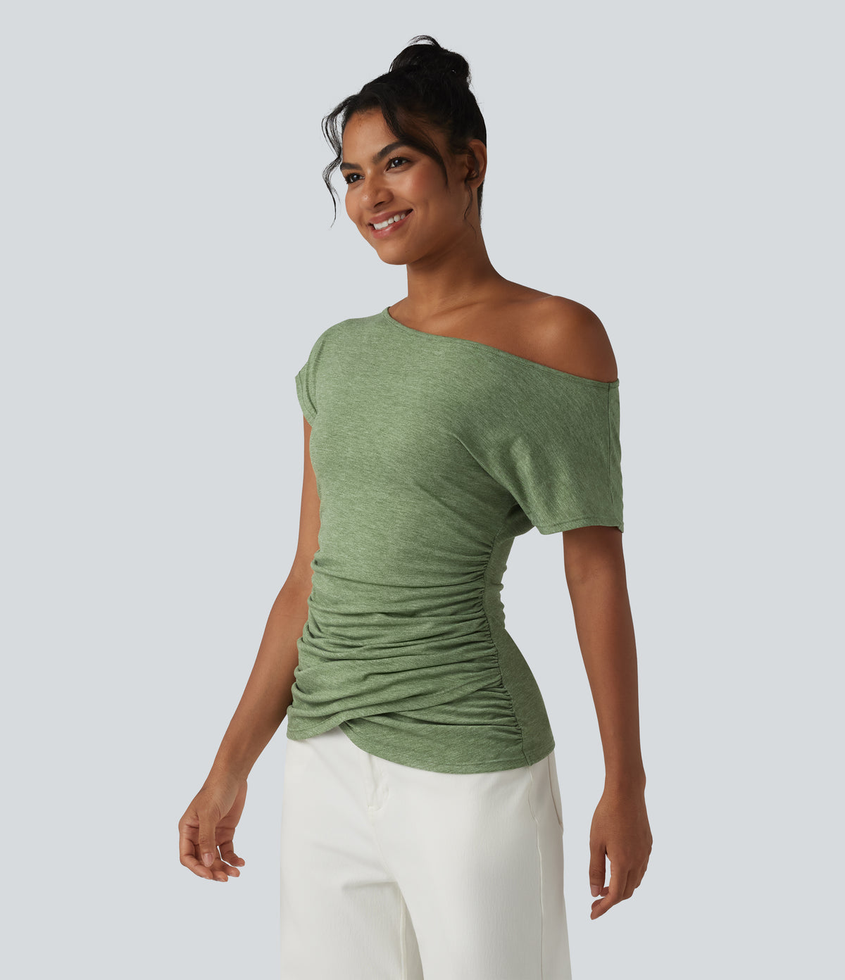 One Shoulder Short Sleeve Ruched Casual Top — Light Green Floral Yarn — view 5