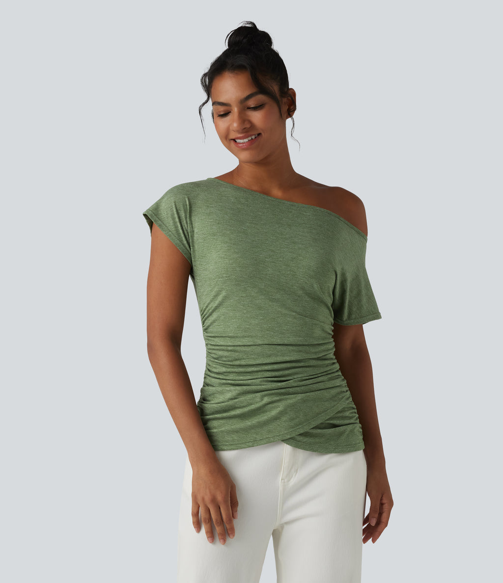 One Shoulder Short Sleeve Ruched Casual Top — Light Green Floral Yarn — view 3