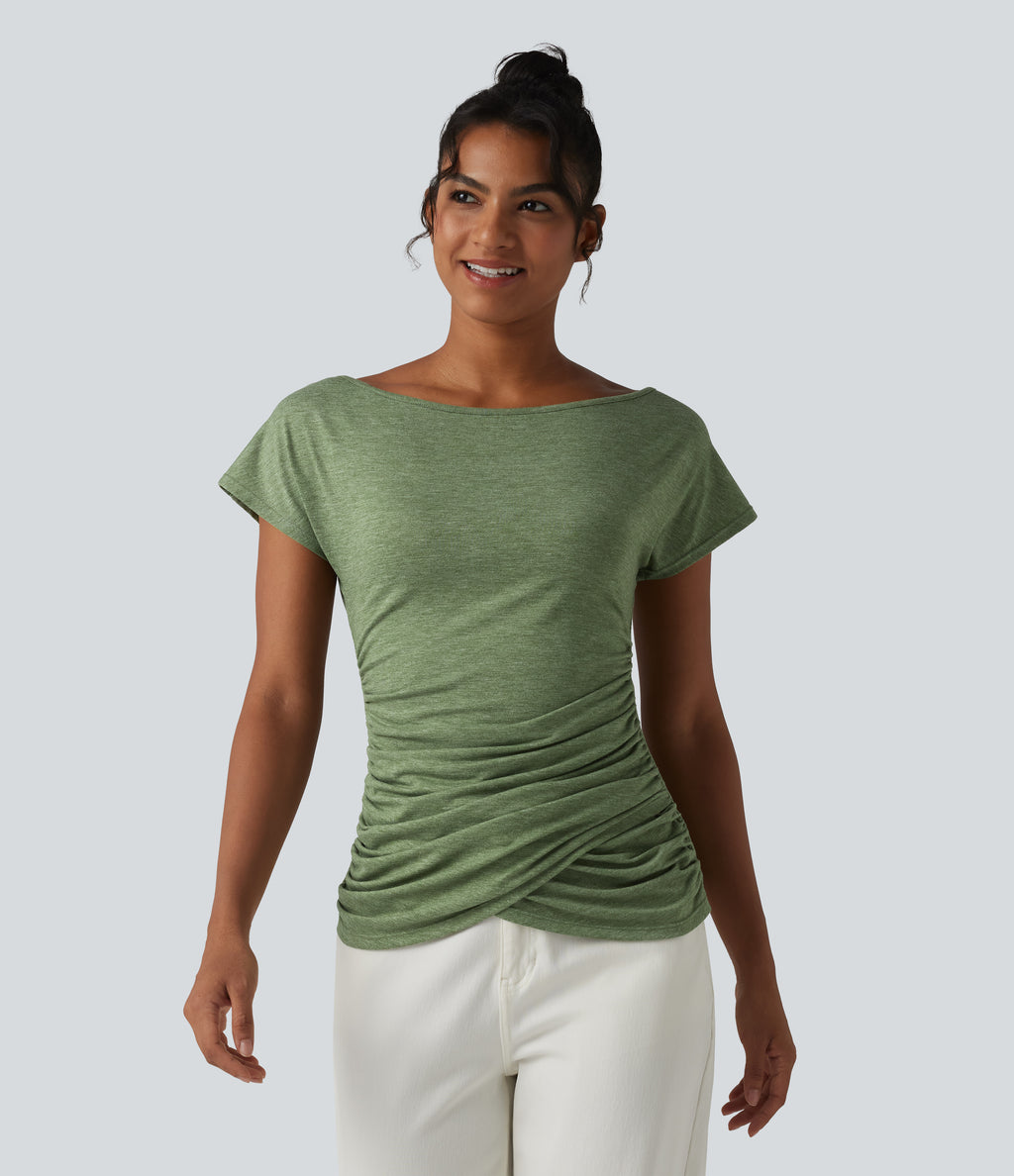 One Shoulder Short Sleeve Ruched Casual Top — Light Green Floral Yarn — view 4