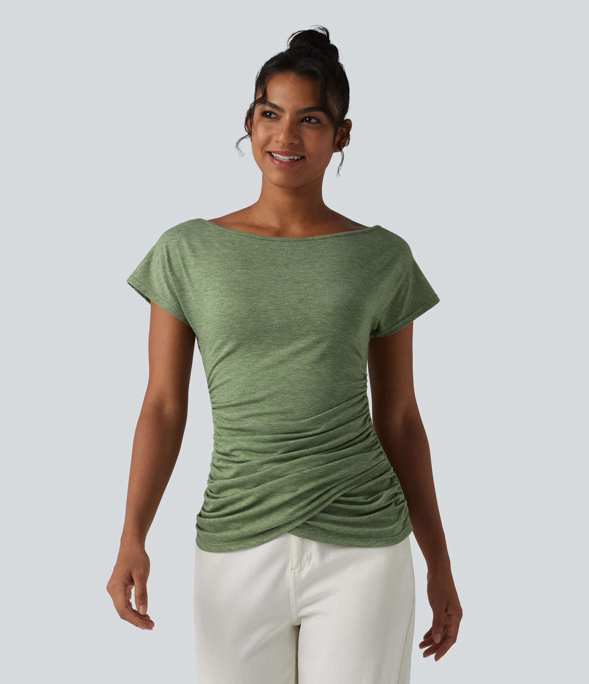 One Shoulder Short Sleeve Ruched Casual Top — Light Green Floral Yarn — view 4