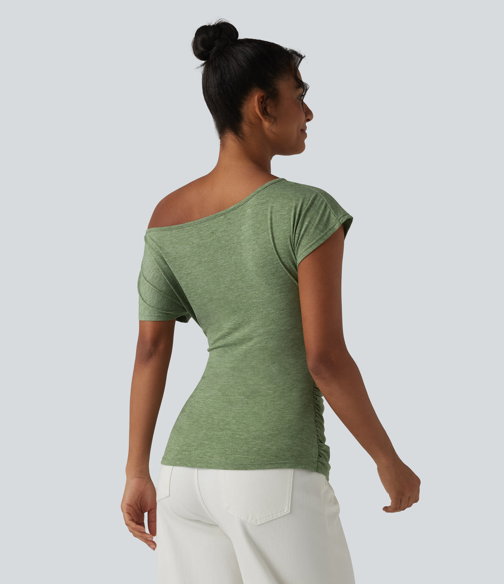 One Shoulder Short Sleeve Ruched Casual Top — Light Green Floral Yarn — view 2