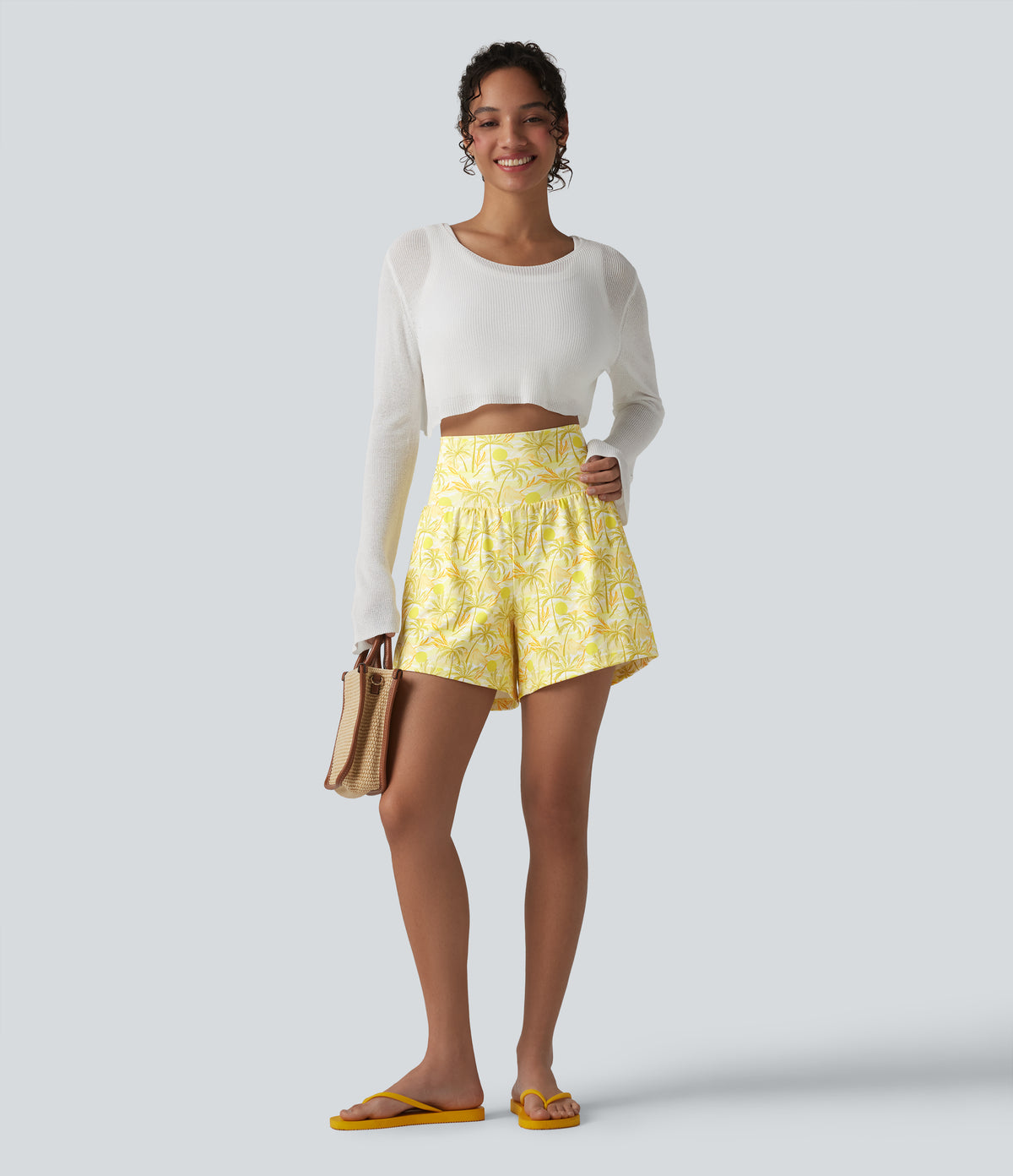 High Waisted 2-in-1 Hawaii Shorts 5'' with Pockets — Sunbeam Palm — view 7