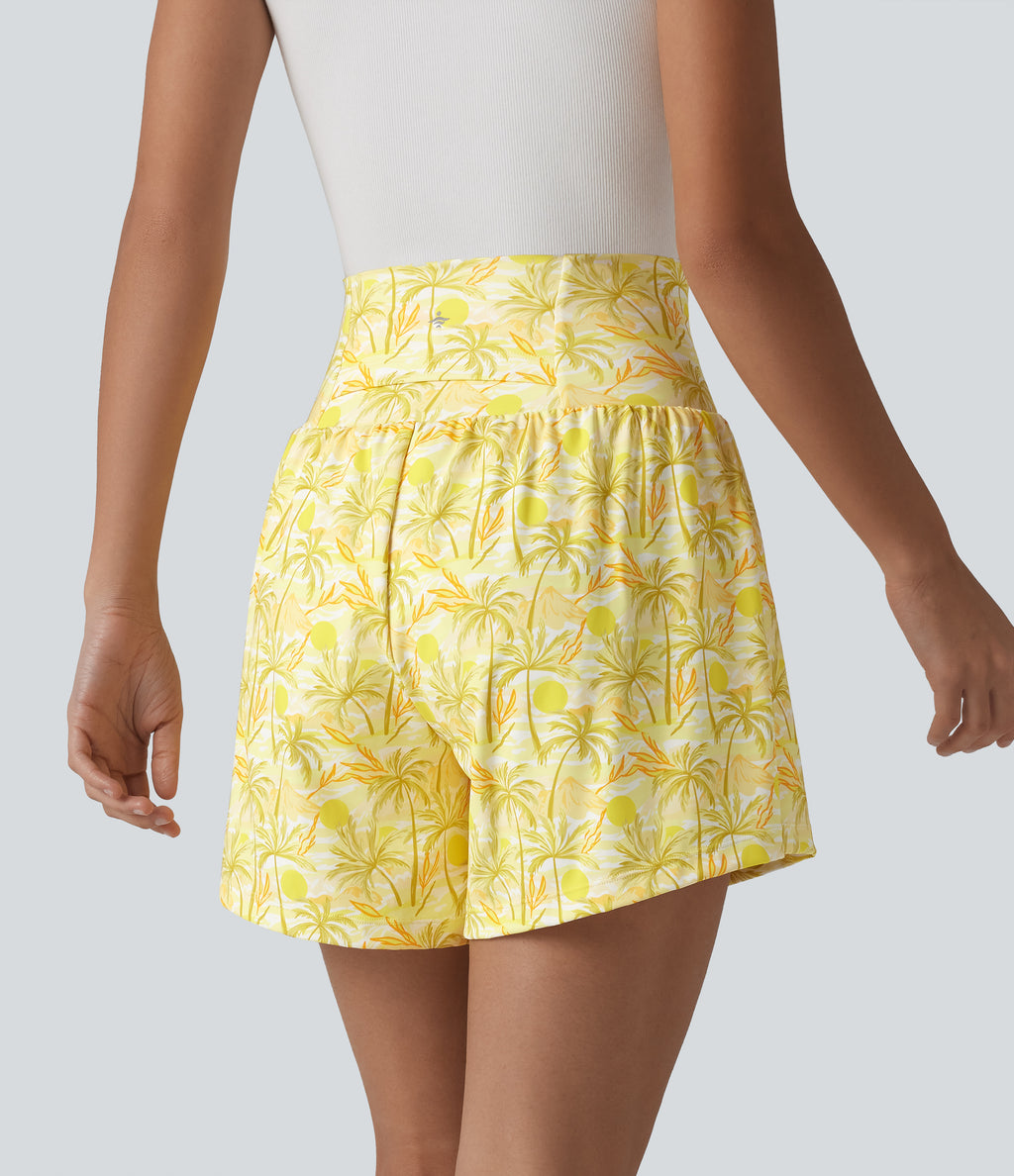 High Waisted 2-in-1 Hawaii Shorts 5'' with Pockets — Sunbeam Palm — view 2