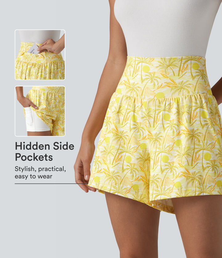 High Waisted 2-in-1 Hawaii Shorts 5'' with Pockets — Sunbeam Palm — view 1
