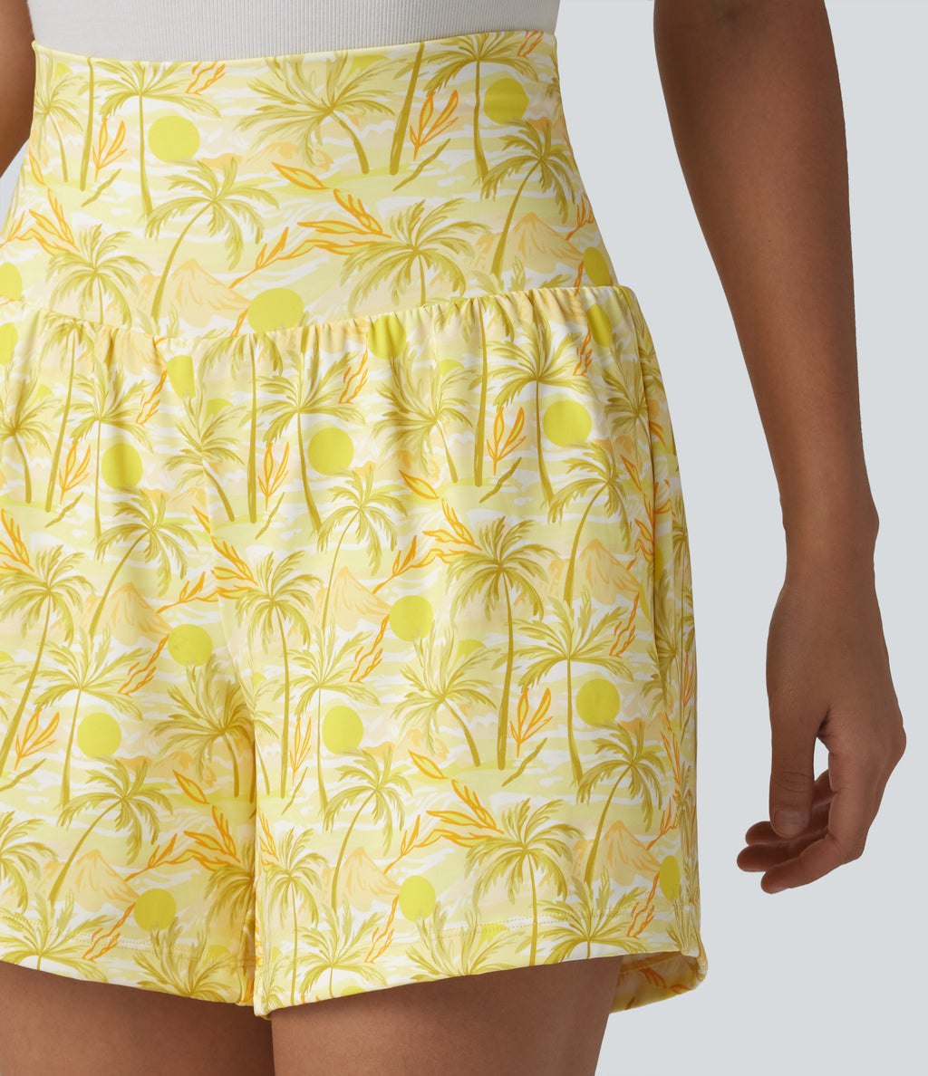 High Waisted 2-in-1 Hawaii Shorts 5'' with Pockets — Sunbeam Palm — view 6