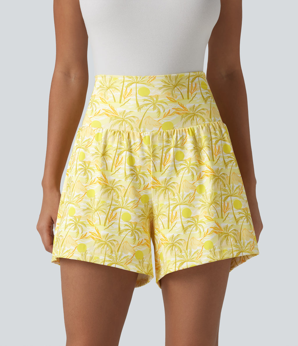 High Waisted 2-in-1 Hawaii Shorts 5'' with Pockets — Sunbeam Palm — view 3