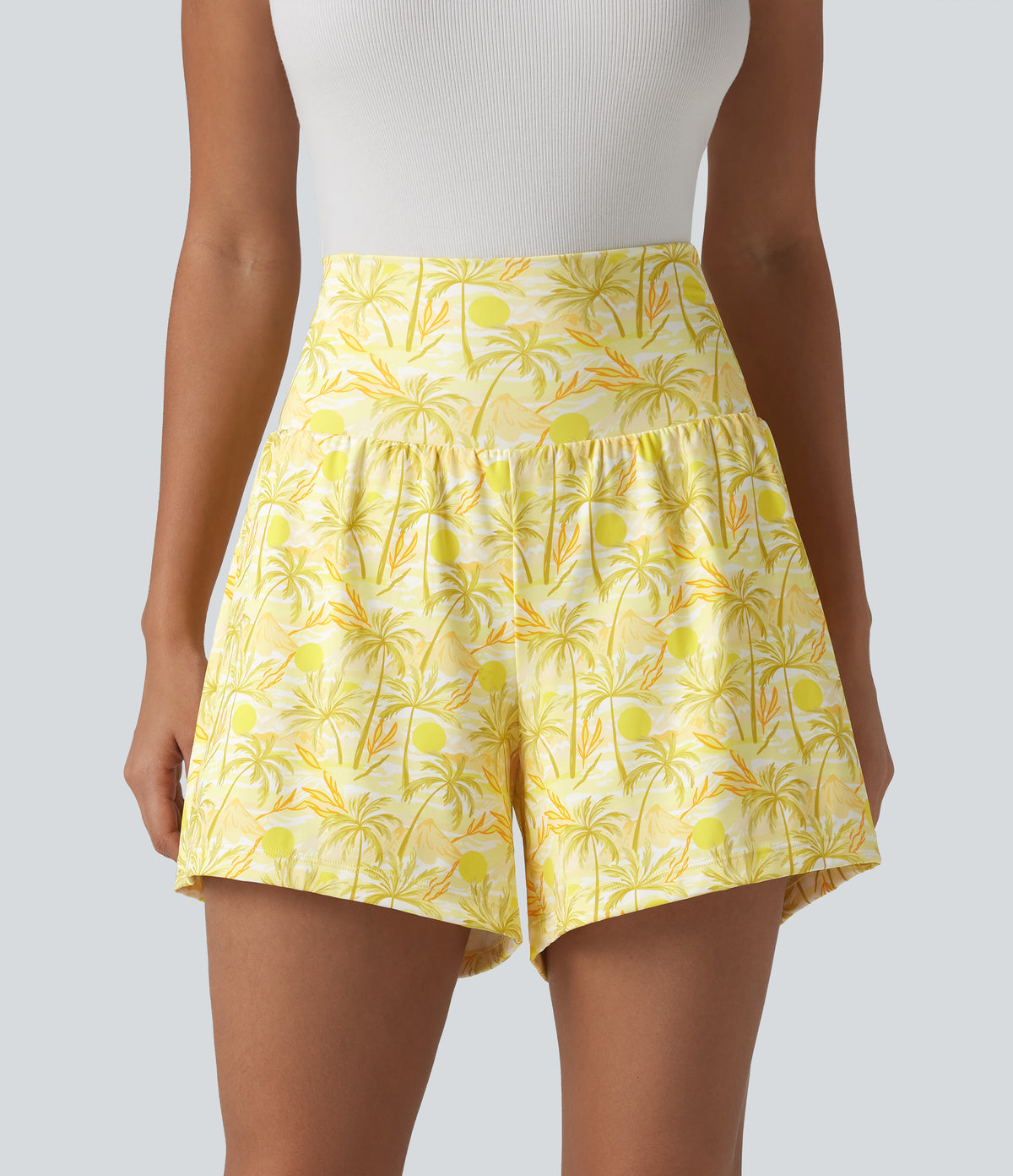 High Waisted 2-in-1 Hawaii Shorts 5'' with Pockets — Sunbeam Palm — view 3