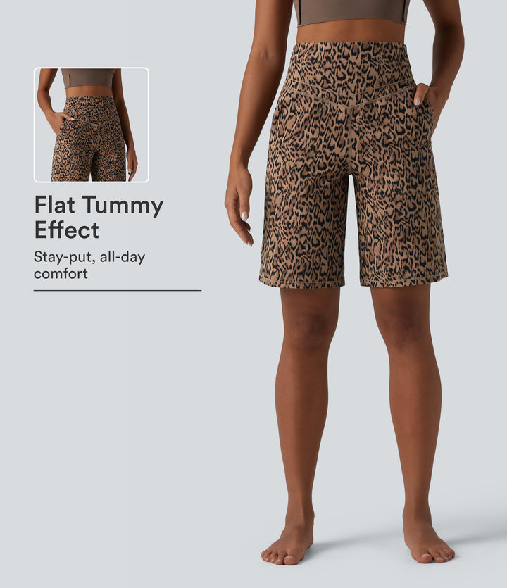 Leopard Print High Waisted Tummy Control Straight Leg Yoga Shorts 10'' with Pockets — Tan Leopard — view 1