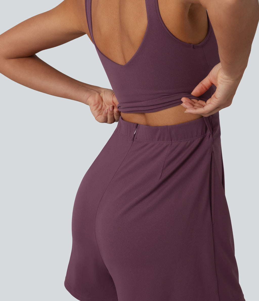 V Neck Built-in Bra Casual Playsuit with Pockets-Edition — Plum Wine — view 4