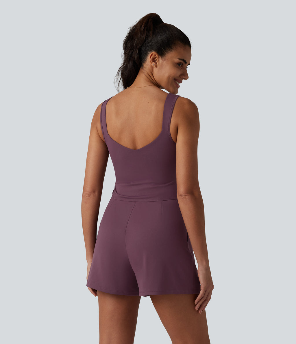 V Neck Built-in Bra Casual Playsuit with Pockets-Edition — Plum Wine — view 2