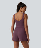 V Neck Built-in Bra Casual Playsuit with Pockets-Edition — Plum Wine — view 2