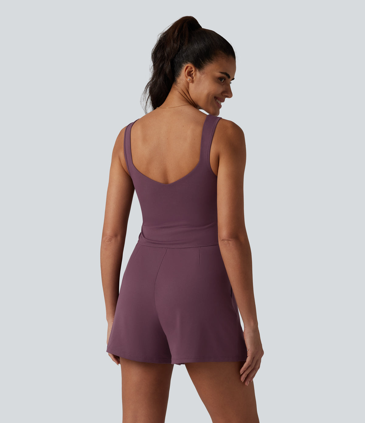 V Neck Built-in Bra Casual Playsuit with Pockets-Edition — Plum Wine — view 2