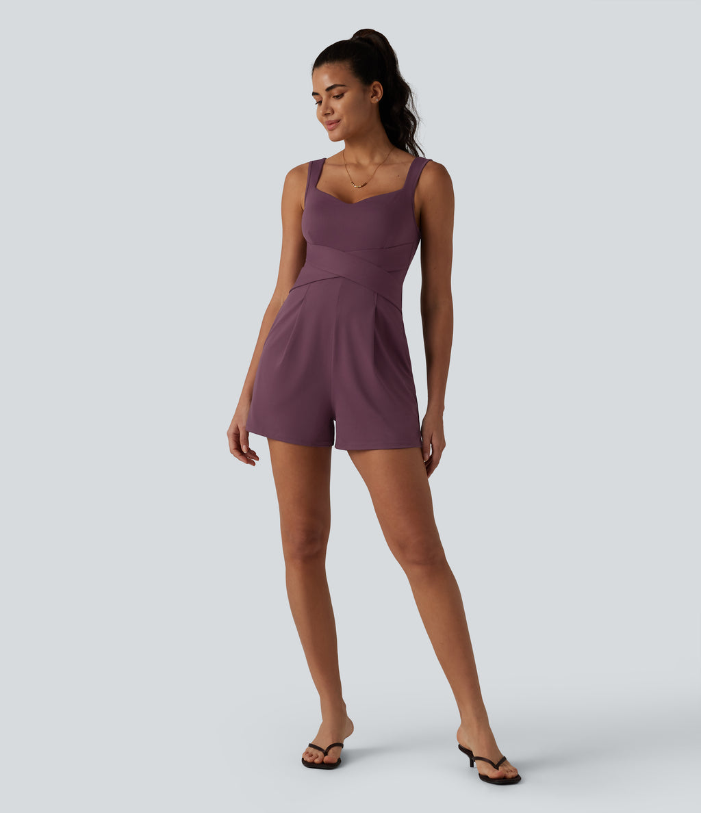 V Neck Built-in Bra Casual Playsuit with Pockets-Edition — Plum Wine — view 6