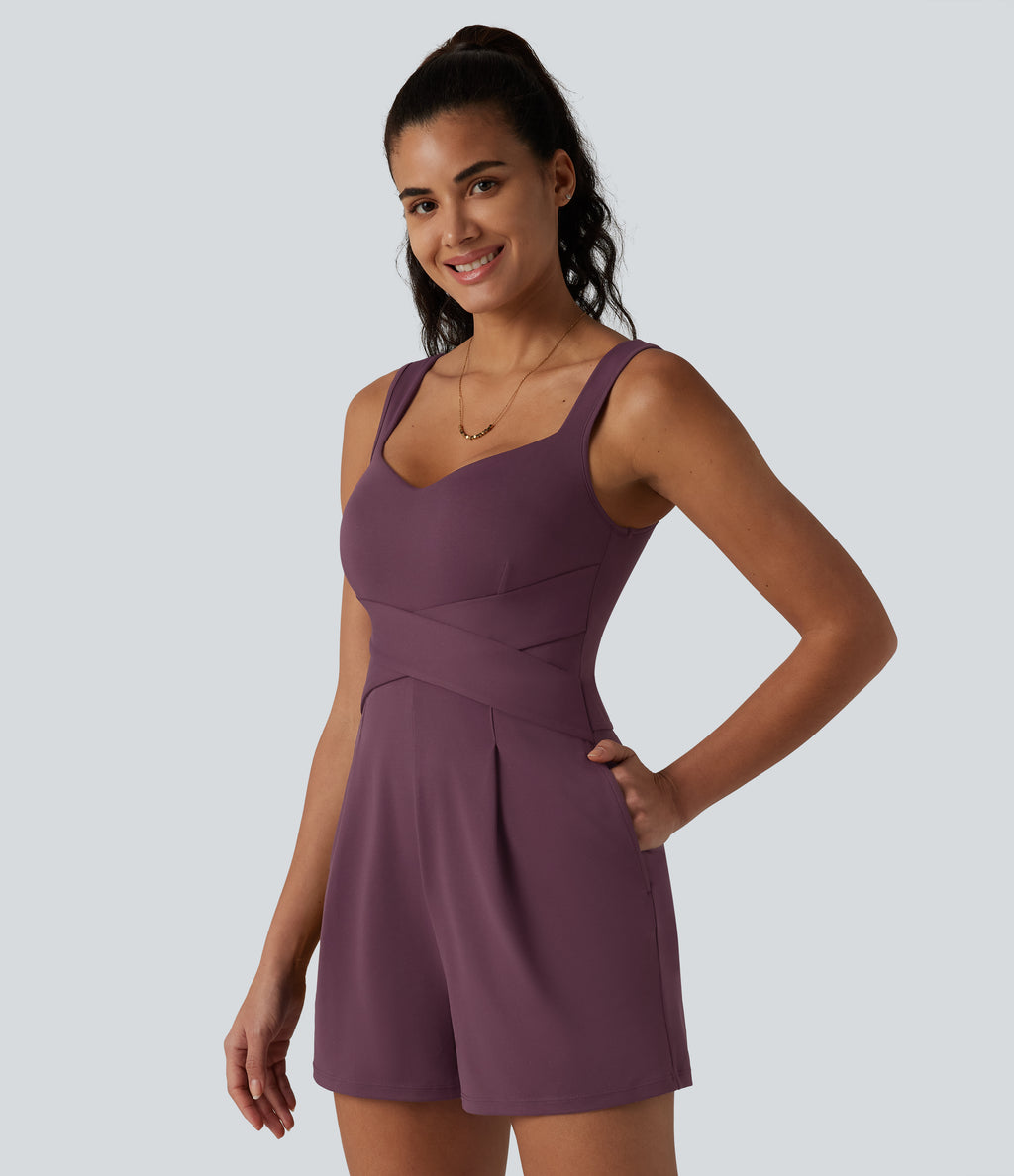 V Neck Built-in Bra Casual Playsuit with Pockets-Edition — Plum Wine — view 5