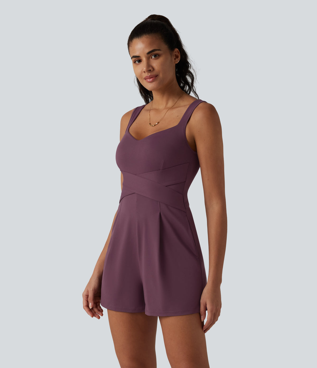 V Neck Built-in Bra Casual Playsuit with Pockets-Edition — Plum Wine — view 3