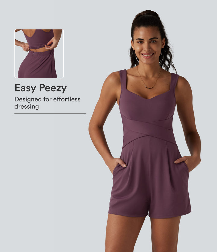 V Neck Built-in Bra Casual Playsuit with Pockets-Edition — Plum Wine — view 1