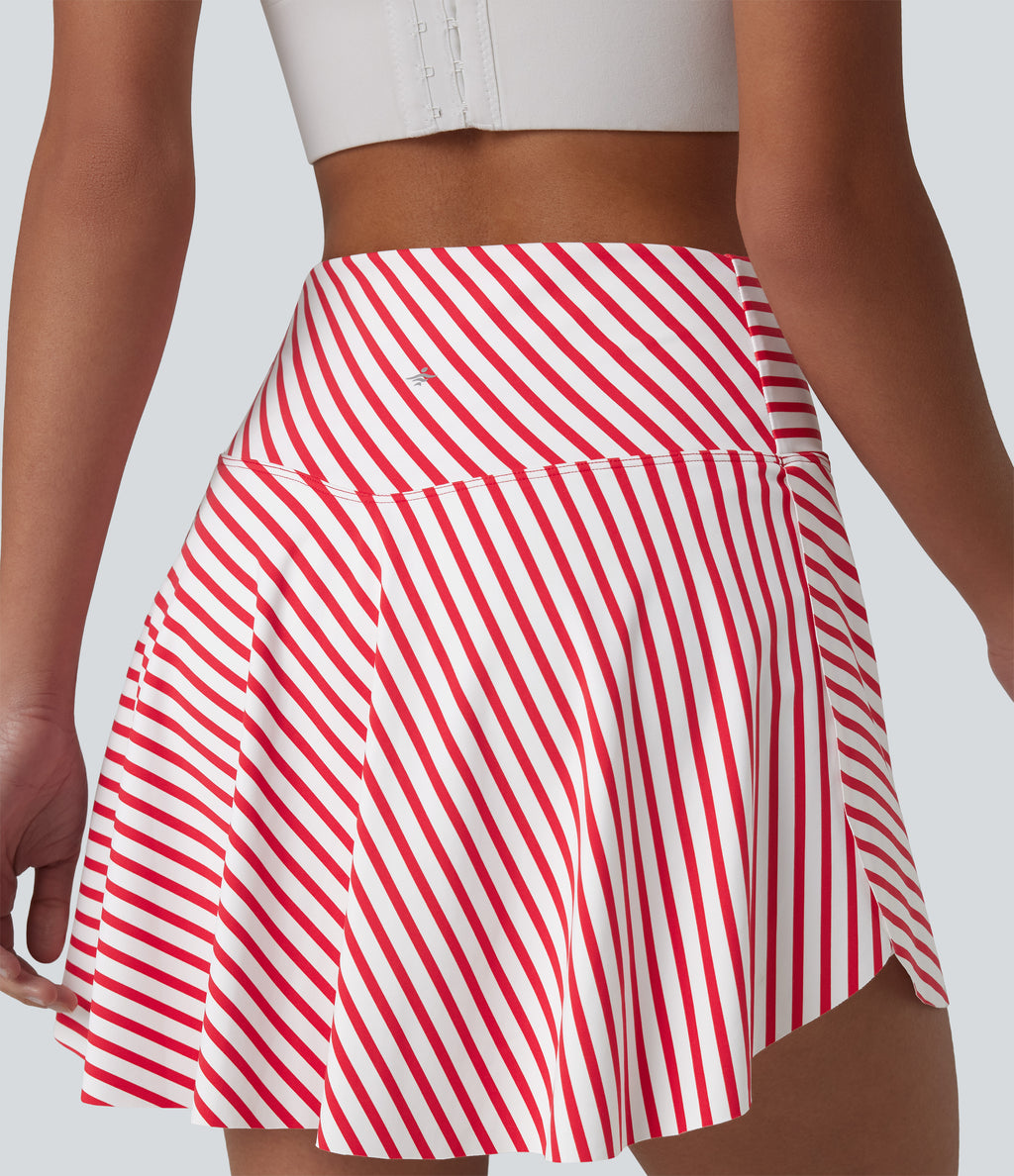 Crossover High Waisted Curved Hem 2-in-1 Stripes Mini Tennis Skirt with Pockets — Candy Stripe Whirl — view 6