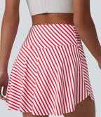 Crossover High Waisted Curved Hem 2-in-1 Stripes Mini Tennis Skirt with Pockets — Candy Stripe Whirl — view 6