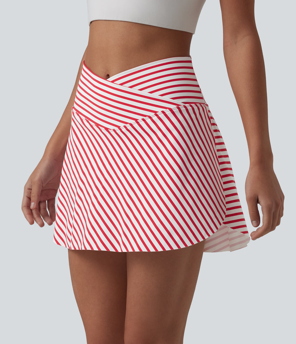 Crossover High Waisted Curved Hem 2-in-1 Stripes Mini Tennis Skirt with Pockets — Candy Stripe Whirl — view 5
