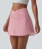 Crossover High Waisted Curved Hem 2-in-1 Stripes Mini Tennis Skirt with Pockets — Candy Stripe Whirl — view 5