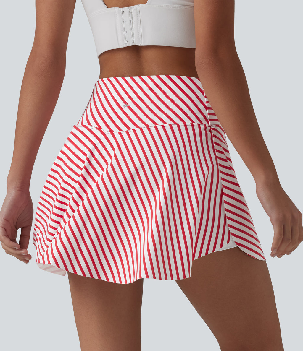 Crossover High Waisted Curved Hem 2-in-1 Stripes Mini Tennis Skirt with Pockets — Candy Stripe Whirl — view 2