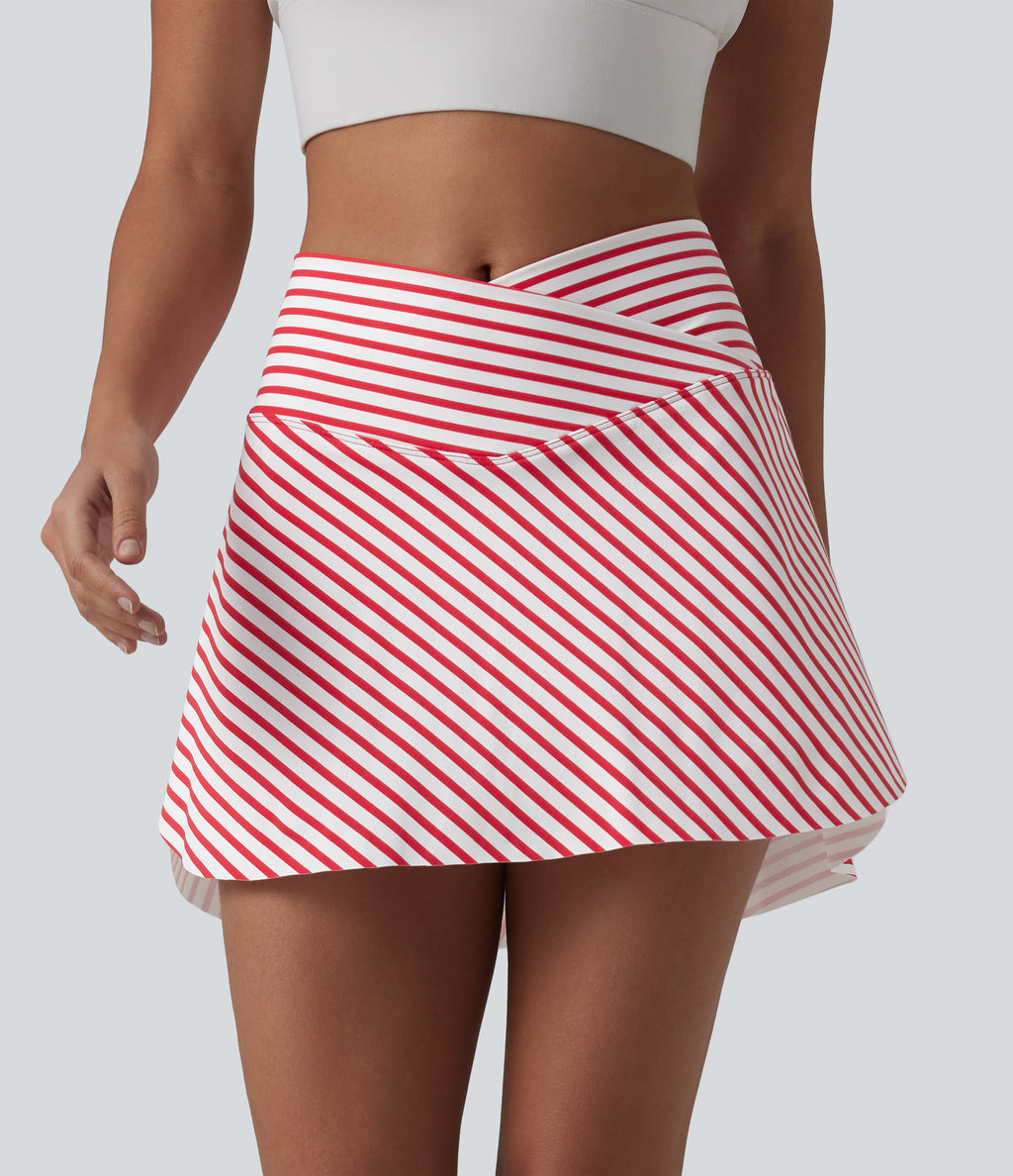 Crossover High Waisted Curved Hem 2-in-1 Stripes Mini Tennis Skirt with Pockets — Candy Stripe Whirl — view 3