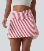 Crossover High Waisted Curved Hem 2-in-1 Stripes Mini Tennis Skirt with Pockets — Candy Stripe Whirl — view 3