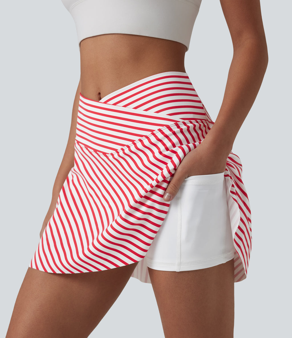 Crossover High Waisted Curved Hem 2-in-1 Stripes Mini Tennis Skirt with Pockets — Candy Stripe Whirl — view 1