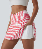 Crossover High Waisted Curved Hem 2-in-1 Stripes Mini Tennis Skirt with Pockets — Candy Stripe Whirl — view 1