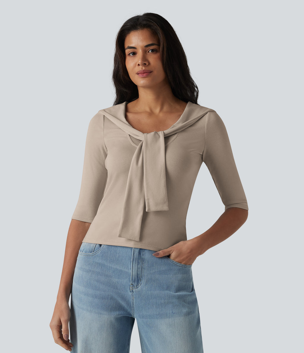 V-neck Tie Half Sleeve 2-in-1 Lyocell Casual Top — Doeskin — view 4