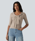 V-neck Tie Half Sleeve 2-in-1 Lyocell Casual Top — Doeskin — view 4