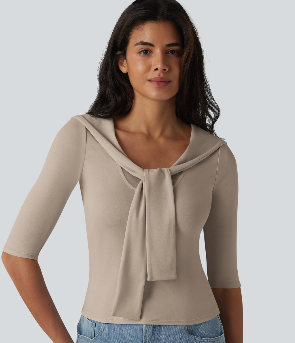 V-neck Tie Half Sleeve 2-in-1 Lyocell Casual Top — Doeskin — view 1