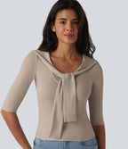 V-neck Tie Half Sleeve 2-in-1 Lyocell Casual Top — Doeskin — view 1