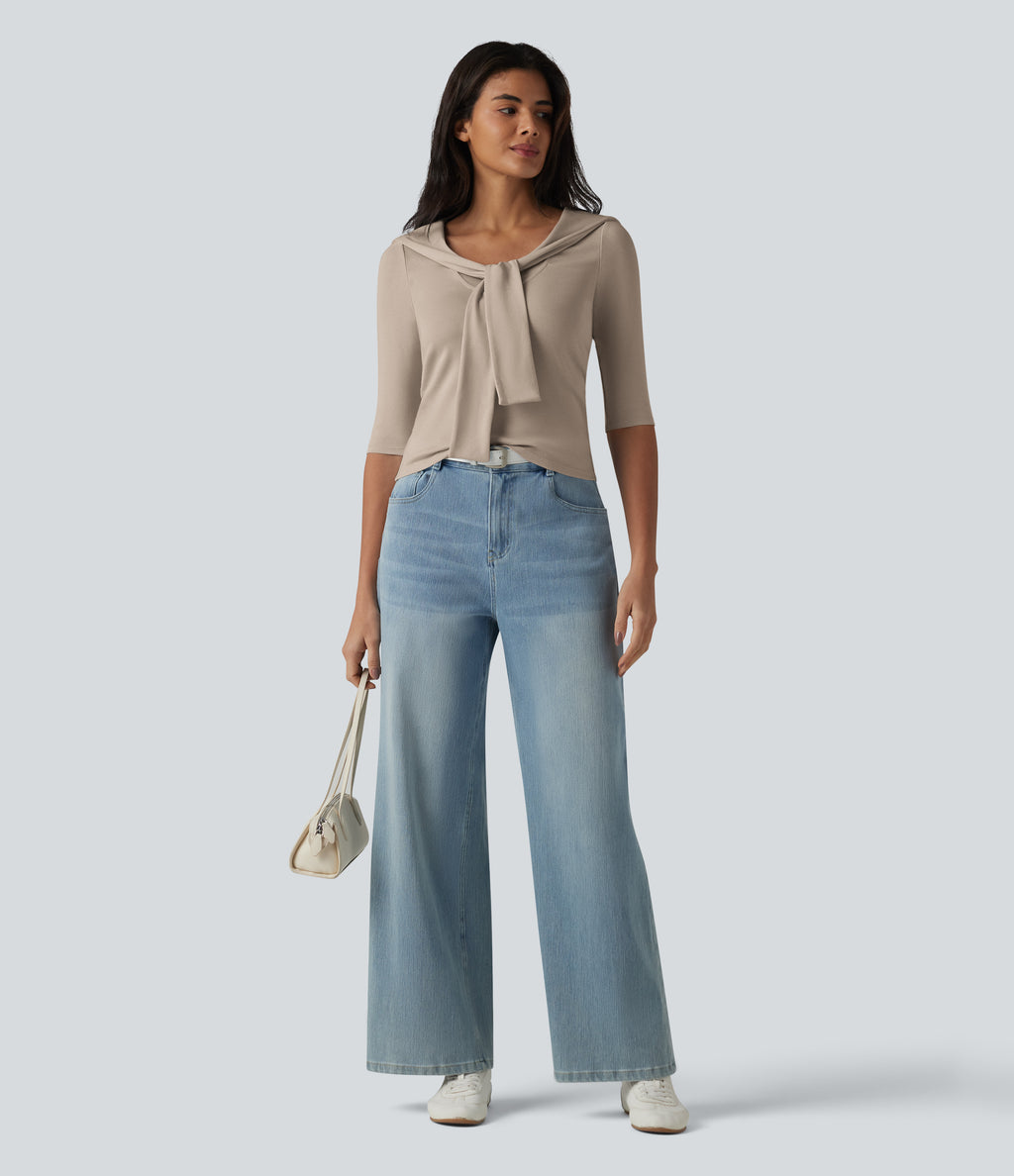 V-neck Tie Half Sleeve 2-in-1 Lyocell Casual Top — Doeskin — view 6