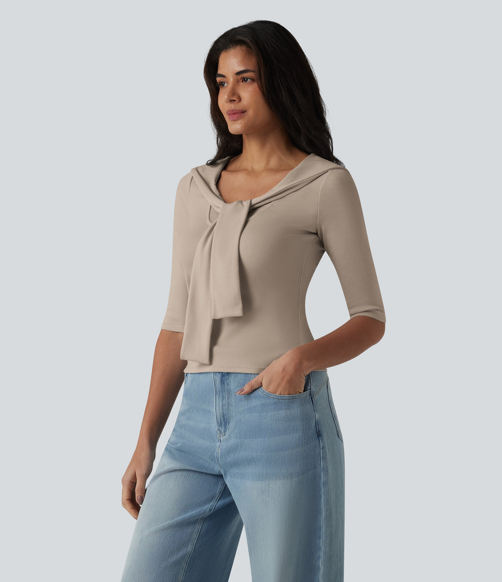 V-neck Tie Half Sleeve 2-in-1 Lyocell Casual Top — Doeskin — view 3