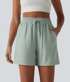 High Waisted Drawstring Casual Linen-Blend Baggy Shorts 5'' with Pockets — Aqua Gray — view 1